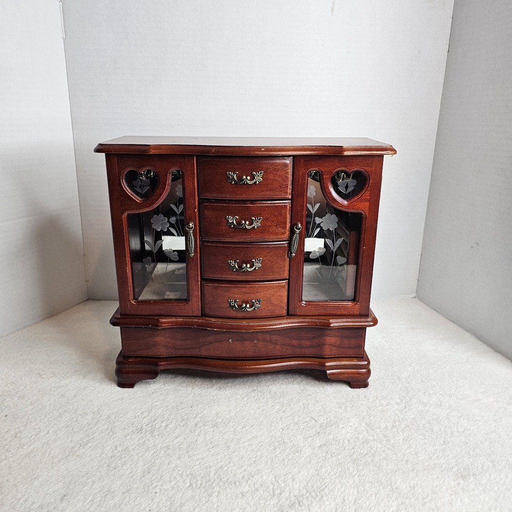 Wood Jewelry Box Chest w/ Mirror, Velvet Lined, Ring Holder, Heart, Brown